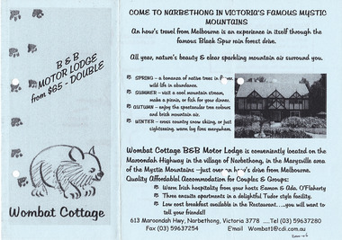 An information brochure regarding the accommodation and facillities available at Wombat Cottage in Narbethong.