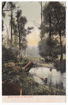 An early colour postcard of a brook scene in Marysville. The original photograph was taken by Nicholas John Caire in 1906.
Shows a brook flowing through a forest. There are two logs in the water. The photograph appears to be taken either early in the day or at sunset. On the reverse of the postcard is a message and an address handwritten in black ink. There is also a date stamp in black ink located in the top right hand corner of the reverse.