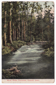 An early colour postcard of the Watts River at Fernshaw. The original photograph was taken by Nicholas John Caire.
Shows the River Watts flowing through the forest at Fernshaw. There are rapids in the river and a number of fallen trees lie across the river. There is a fallen tree in the foreground. The photograph appears to have been taken either early in the morning or at sunset. On the reverse of the postcard is a message and address handwritten in black ink. There is also an orange one penny Victorian postage stamp in the top right hand corner as well as a date stamp in black ink that runs along the upper edge of the postcard on the reverse.
