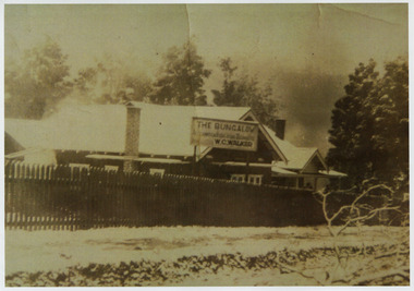 A copy of a black and white photograph of The Bungalow in Marysville. The Bungalow was built in 1917 by the Cuzens Bros. Builders for Frederick and Vera Barton.