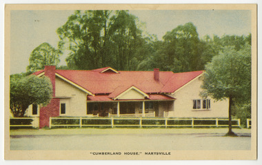 A colour postcard of Cumberland House in Marysville. The postcard was produced by Nucolorvue Productions as a souvenir of Marysville. On the reverse of the postcard is a space to write a message and an address and to place a postage stamp. The postcard is unused.