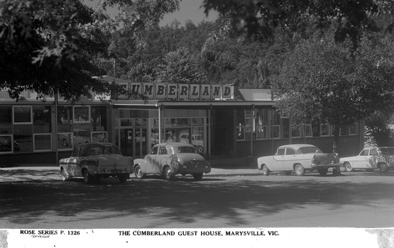 A digital copy of a black and white postcard of The Cumberland Guest House in Marysville. The postcard was produced by the Rose Stereograph Co. as a souvenir of Marysville.