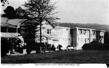 A digital copy of a black and white postcard of The Cumberland Guest House in Marysville. The postcard was produced by the Rose Stereograph Co. as a souvenir of Marysville.