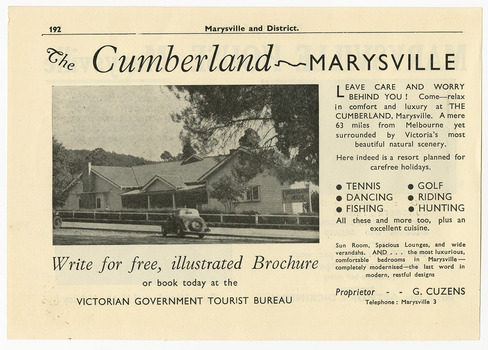 An advertisement for The Cumberland guest house in Marysville that was taken from a Broadbent's accommodation Guide.