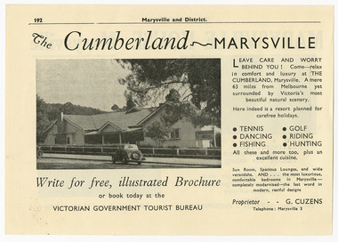 An advertisement for The Cumberland guest house in Marysville that was taken from a Broadbent's accommodation Guide.