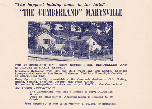 A digital copy of an advertisement for The Cumberland guest house in Marysville that was taken from a Broadbent's accommodation Guide.