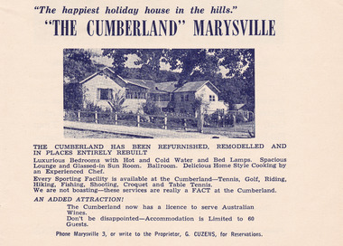 A digital copy of an advertisement for The Cumberland guest house in Marysville that was taken from a Broadbent's accommodation Guide.
