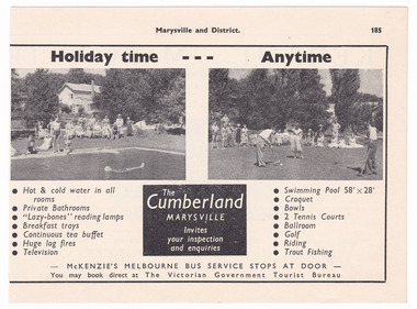 An advertisement for The Cumberland guest house in Marysville which was taken from a Broadbent's accommodation guide.