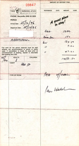 A receipt for a deposit paid for accommodation at The Cumberland guest house in Marysville. The receipt is dated from 25-28 December 1996.