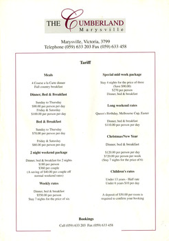 A tariff list regarding accommodation at The Cumberland guest house in Marysville.