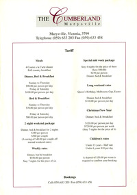 A tariff list regarding accommodation at The Cumberland guest house in Marysville.