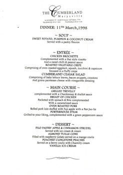 A dinner menu from The Cumberland guest house in Marysville. The menu is for a selection of courses offered at The Cumberland on the 11th of March 1998 for dinner.