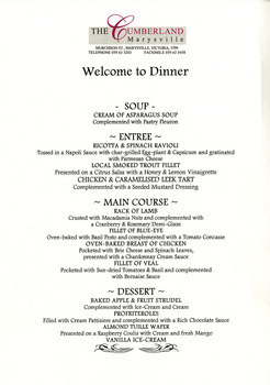 A dinner menu from The Cumberland guest house in Marysville. The menu is for a selection of courses offered at The Cumberland on an unknown date.
