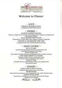 A dinner menu from The Cumberland guest house in Marysville. The menu is for a selection of courses offered at The Cumberland on an unknown date.