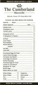 A breakfast menu from The Cumberland guest house in Marysville.