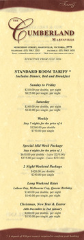 A list of tariffs for the various accommodation choices at The Cumberland guest house in Marysville.