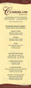A list of tariffs for the various accommodation choices at The Cumberland guest house in Marysville.