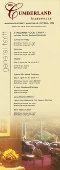 A tariff list for the various accommodation choices available at The Cumberland guest house in Marysville.