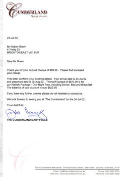 A letter confirming dates for a stay at The Cumberland guest house in Marysville. There are also two receipts for deposits that were paid for the accommodation in July 2002.