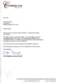 A letter confirming dates for a stay at The Cumberland guest house in Marysville. There are also two receipts for deposits that were paid for the accommodation in July 2002.