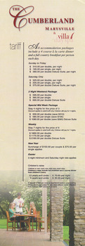 A list of tariffs for various accommodation packages available at The Cumberland guest house in Marysville. The costs were effective from October 2007.