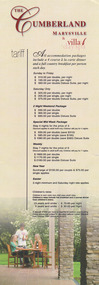 A list of tariffs for various accommodation packages available at The Cumberland guest house in Marysville. The costs were effective from October 2007.