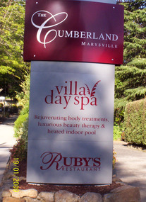 A colour photograph of sign at the front entrance to The Cumberland guest house in Marysville. The photograph was taken during a carers' retreat which took place from 16th to 19th January 2009, just before the 2009 Black Saturday bushfires in the February.