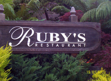 A colour photograph of the sign for Ruby's Restaurant at The Cumberland guest house in Marysville. The photograph was taken during a carers' retreat which took place from 16th to 19th January 2009, just before the 2009 Black Saturday bushfires in the February.