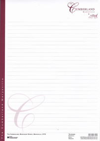 A notepad from The Cumberland guest house in Marysville. The notepad was produced for the use of guests staying at the guest house.