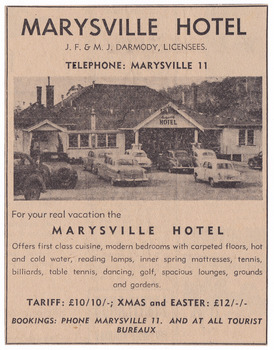 An advertisement for the Marysville Hotel. The hotel was originally built and opened by the Keppel Family in 1865. The Keppel's Australian Hotel was the first hotel to be opened in Marysville. The Keppel Family were among Marysville's earliest pioneering families. 