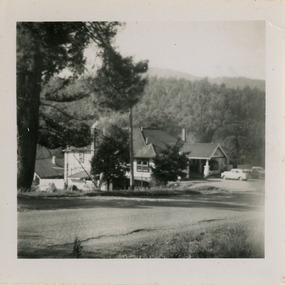 A digital copy of a black and white photograph of the Marysville Hotel in Marysville. The hotel was originally built and opened by the Keppel Family in 1865. The Keppel's Australian Hotel was the first hotel to be opened in Marysville. The Keppel Family were among Marysville's earliest pioneering families. 