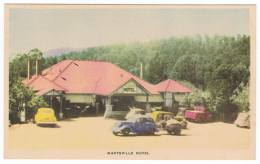 A colour postcard of the Marysville Hotel in Marysville. The postcard was produced by Nucolorvue Productions as a souvenir of Marysville. On the reverse of the postcard is a space to write a message and an address and to place a postage stamp. The postcard is unused.