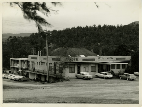 A black and white photograph of the Marysville Hotel Motel in Marysville. The photograph was taken in the early 1960s by Lloyd Hull, a local man.