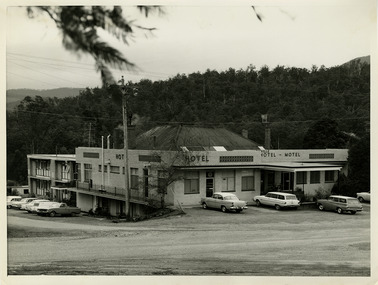 A black and white photograph of the Marysville Hotel Motel in Marysville. The photograph was taken in the early 1960s by Lloyd Hull, a local man.
