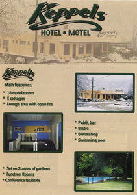 An information brochure regarding the various accommodation and facilities available at Keppels Hotel Motel in Marysville.