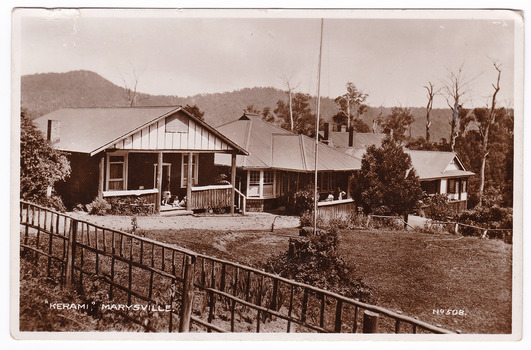 A black and white postcard from Kerami Guest House in Marysville. The original Kerami Guesthouse was built in 1907. On the reverse is a hand written message.