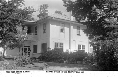 A digital copy of a black and white postcard from Kerami Guest House in Marysville. This postcard was produced by the Rose Stereograph Company as a souvenir of Marysville.
