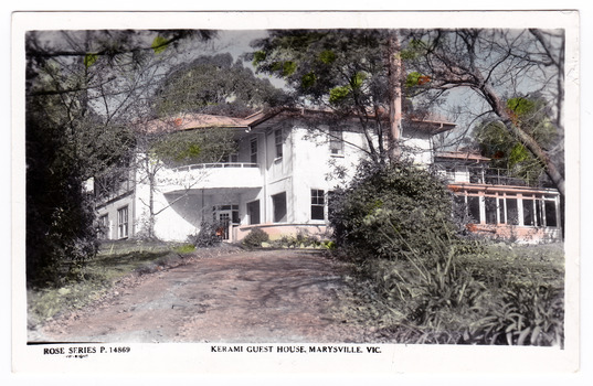 A colour postcard from Kerami Guest House in Marysville. This postcard was produced by the Rose Stereograph Company as a souvenir of Marysville. On the reverse is a hand written message.