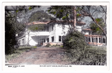 A colour postcard from Kerami Guest House in Marysville. This postcard was produced by the Rose Stereograph Company as a souvenir of Marysville. On the reverse is a hand written message.