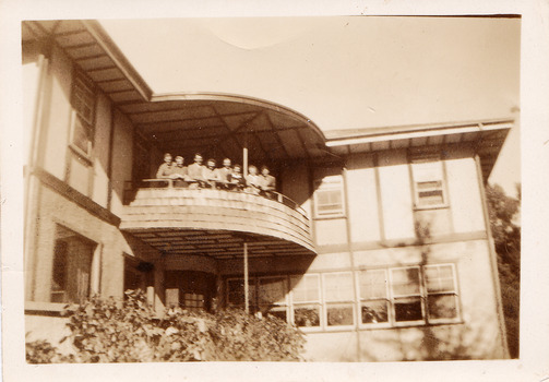 A black and white photograph taken at Kerami guest house in Marysville. The photograph was taken in 1935.