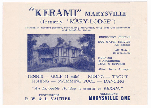 An advertisement for Kerami guest house in Marysville which was taken from a Broadbent's accommodation guide.