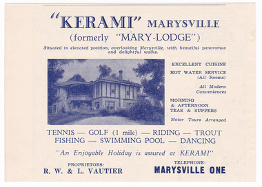 An advertisement for Kerami guest house in Marysville which was taken from a Broadbent's accommodation guide.