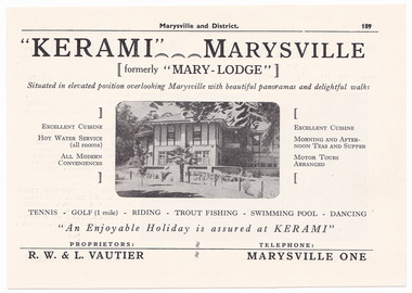 An advertisement for Kerami guest house in Marysville which was taken from a Broadbent's accommodation guide.