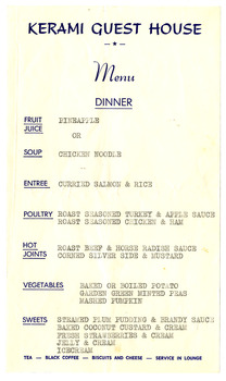 A dinner menu from Kerami Guest House in Marysville. The menu dates from the 1960s.