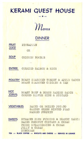 A dinner menu from Kerami Guest House in Marysville. The menu dates from the 1960s.