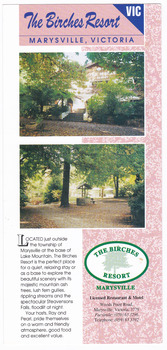 An accommodation flyer regarding the accommodation and facilities available at The Birches Resort in Marysville.
