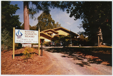 A colour photograph of the front entrance to the Kerami Gardens Resort in Marysville. The photograph also shows the front sign and the main building.