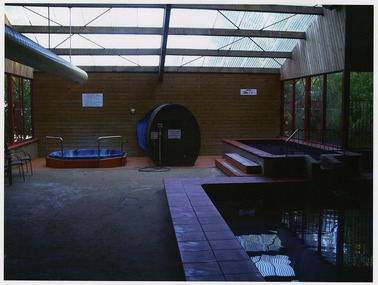A colour photograph taken at Kerami Gardens Resort in Marysville. The photograph is of the indoor swimming pool area.
