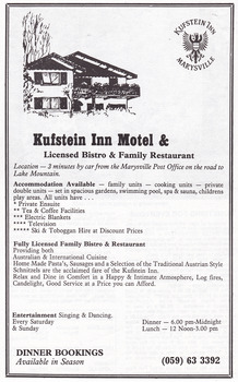 An advertisement for the Kufstein Inn Motel & Licensed Bistro & Family Restaurant.