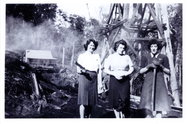 A black and white photograph taken at a local sawmill of guests staying at Mary Lodge Guest House in Marysville. The photograph was taken in April 1944.